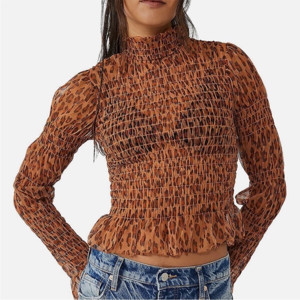 Free People Hello There Womens Smocked Blouse | Sheer Top | Leopard Combo | NWT